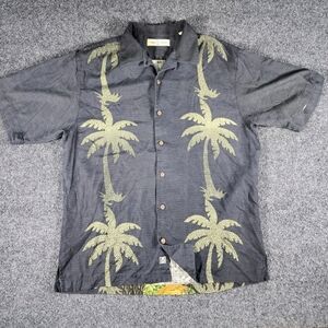 Tommy Bahama Black‎ Hawaiian Shirt Mens Medium Silk Hula Girls Palm Trees